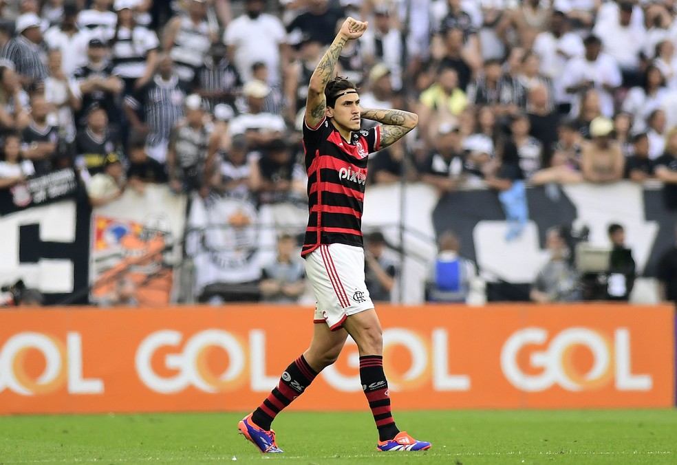 Pedro comemora gol do Flamengo contra o Corinthians — Foto: Marcos Ribolli