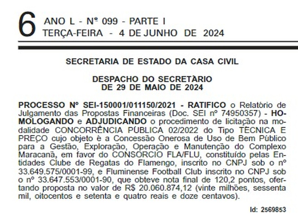 Despacho da Secretaria da Casa Civil confirma a vitória de Flamengo e Fluminense no Maracanã — Foto: Reprodução Diário Oficial