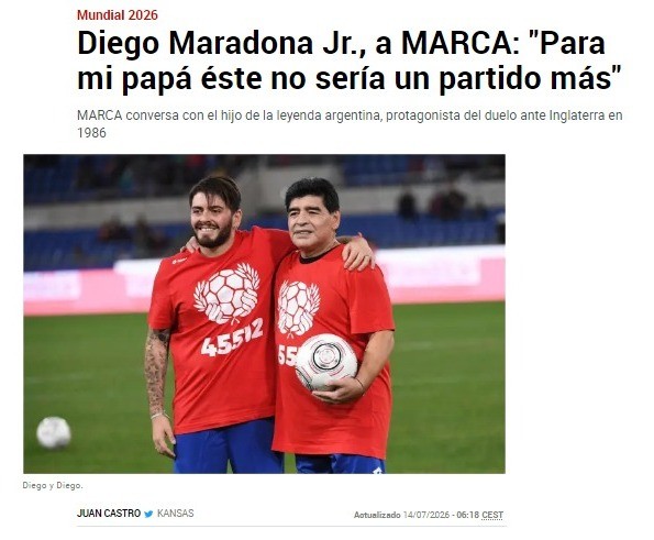 Filho de Maradona sobre Argentina x Inglaterra: "Para meu pai, não seria mais uma partida"