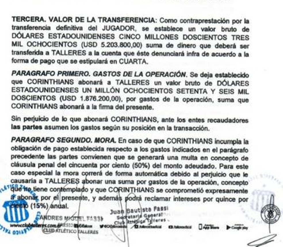 Veja cláusula do contrato de venda de Rodrigo Garro pelo Talleres ao Corinthians  — Foto: Reprodução