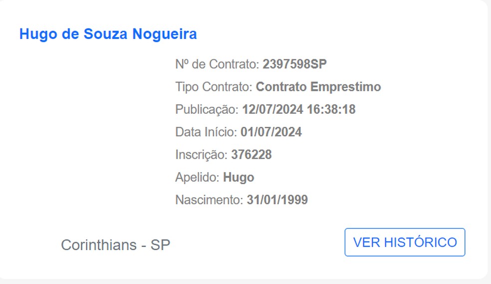 Hugo Souza é registrado pelo Corinthians no BID — Foto: Reprodução