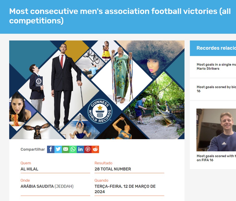 Registro no Guinness do novo recorde mundial de 28 vitórias seguidas do Al-Hilal no futebol masculino — Foto: Reprodução