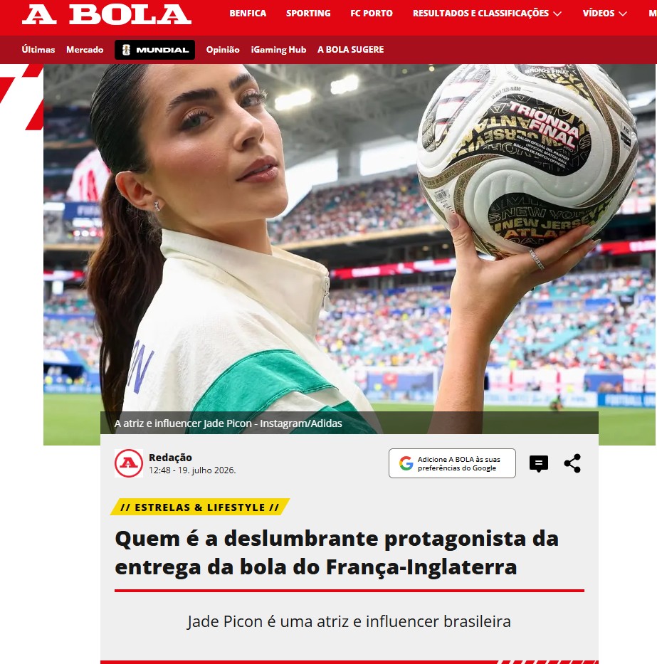 Jornal se rende a Jade Picon após presença em França x Inglaterra: "Deslumbrante"