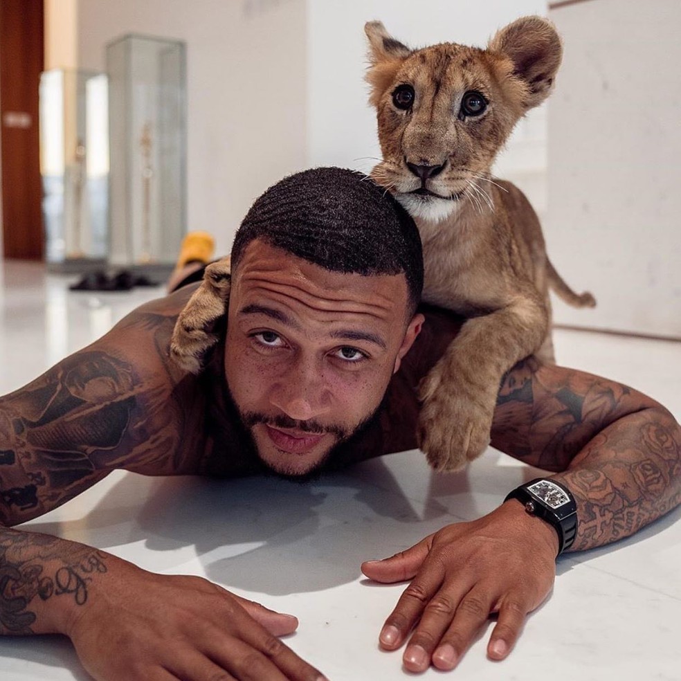 Memphis Depay com ligre às costas e relógio de luxo no punho — Foto: Reprodução