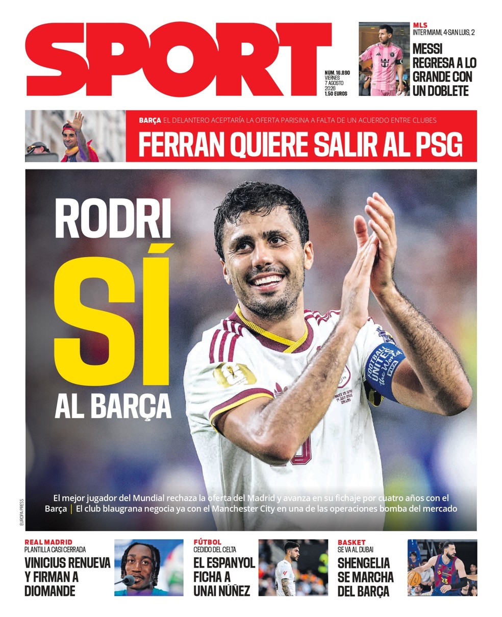 "Sim" de Rodri ao Barcelona agita imprensa espanhola — Foto: Reprodução
