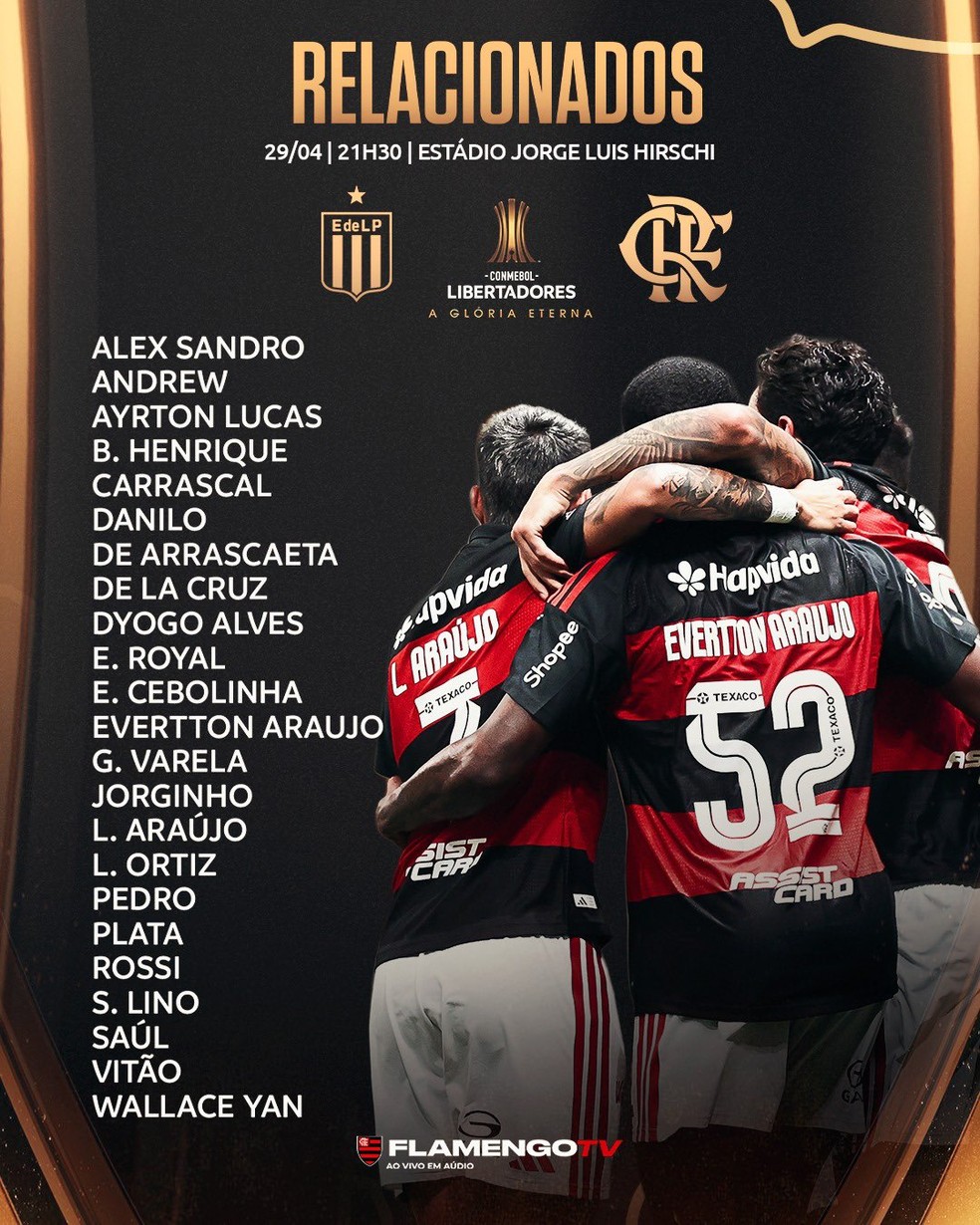 Relacionados do Flamengo para o jogo contra o Estudiantes, pela Libertadores — Foto: Divulgação/Flamengo