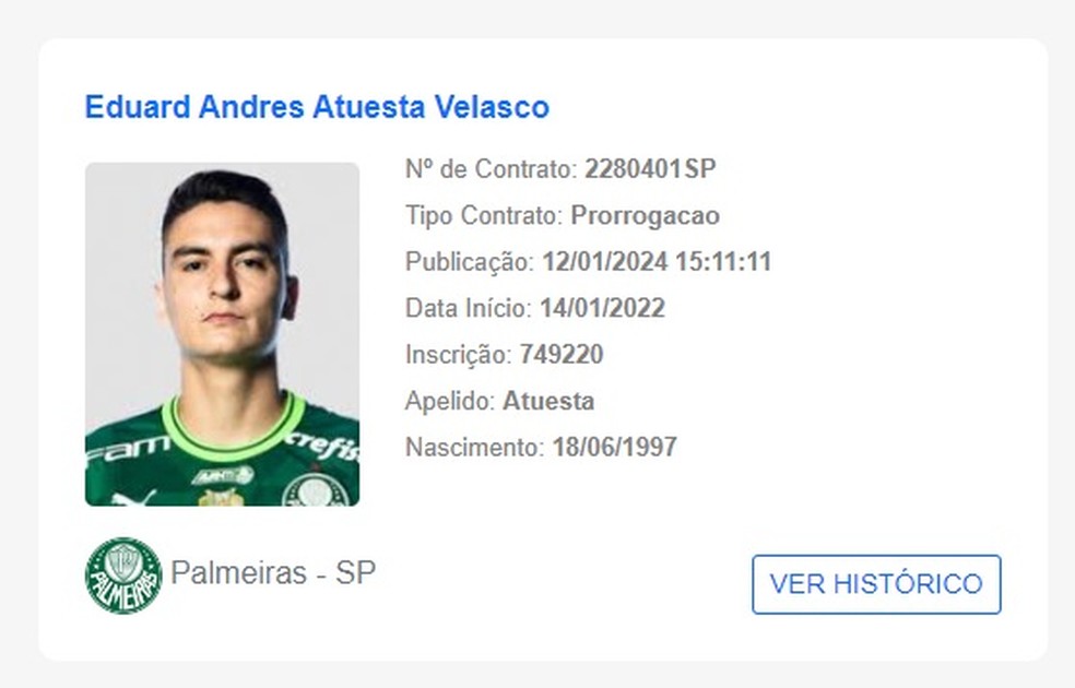Novo contrato de Atuesta registrado no BID do Palmeiras — Foto: Reprodução