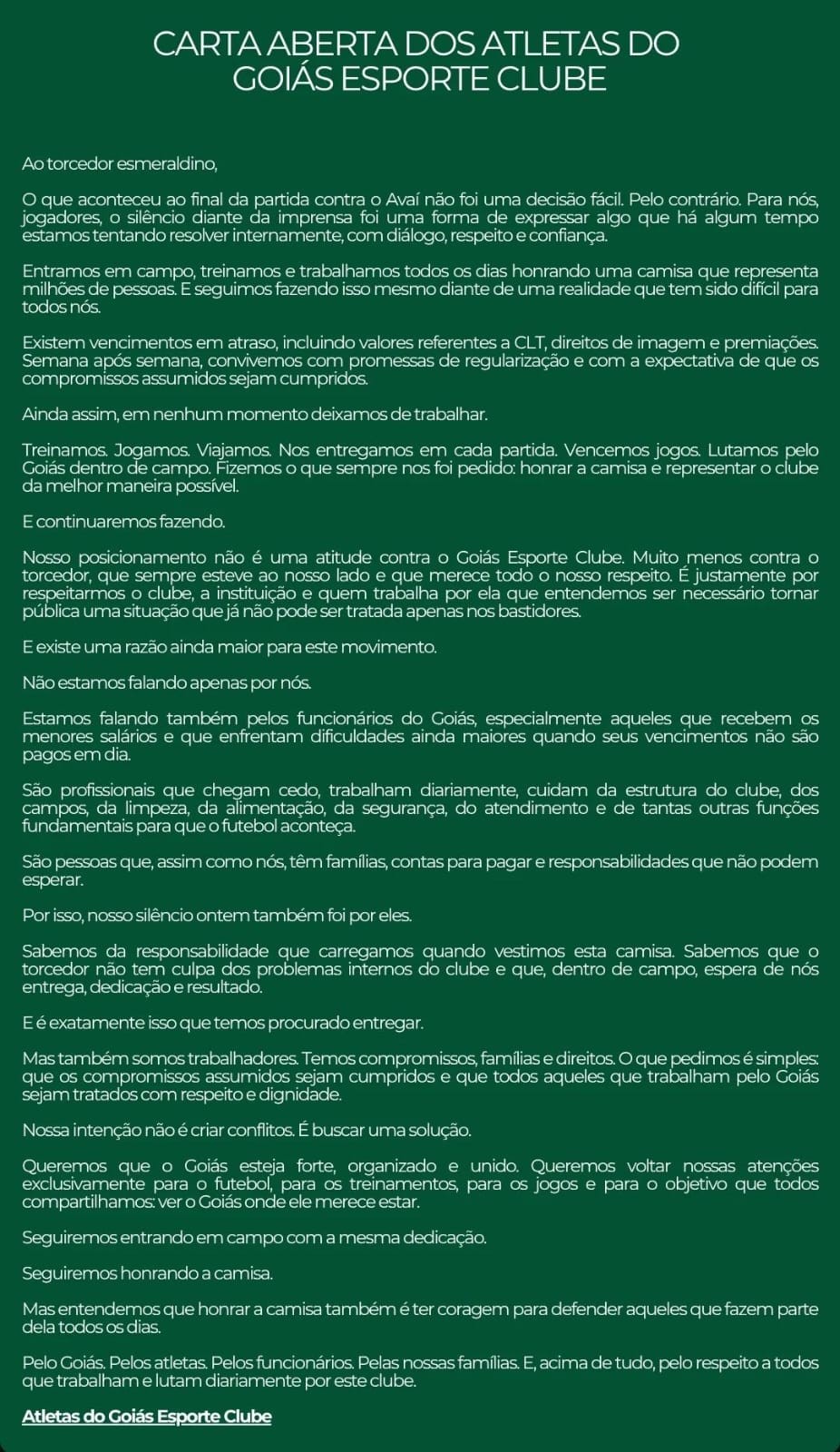 Comentarista elogia protesto silencioso do elenco e analisa crise financeira do Goiás
