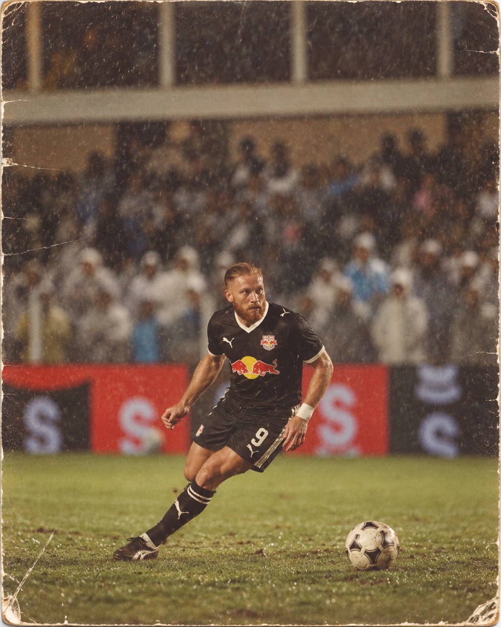 Isidro Pitta na trend dos anos 80 — Foto: Ari Ferreira/Red Bull Bragantino - Adaptação ChatGPT