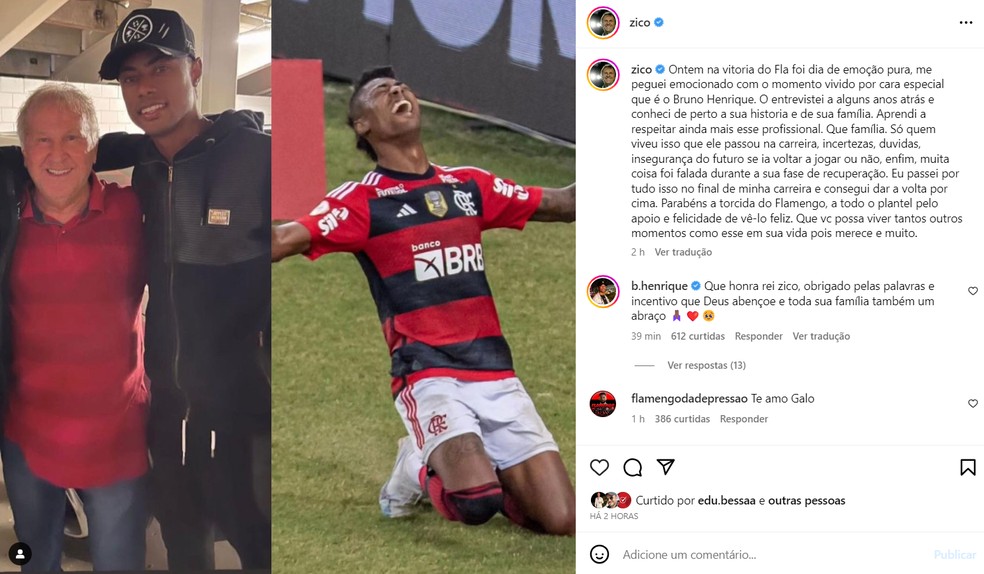 Zico homenageia Bruno Henrique ap&oacute;s gol pelo Flamengo &mdash; Foto: Reprodu&ccedil;&atilde;o