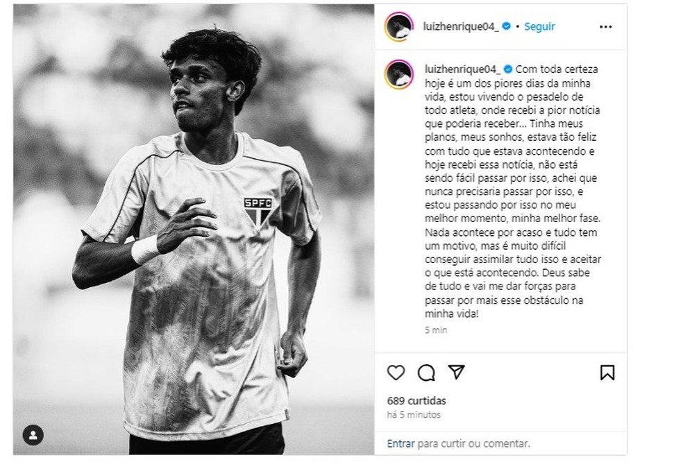 Luiz Henrique, do São Paulo, desabafa nas redes sociais após ruptura de ligamento — Foto: Reprodução