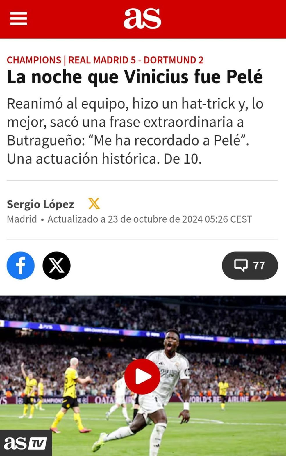 Jornal "As" repercute atuação de Vini Jr: "A noite em que Vinicius foi Pelé" — Foto: Reprodução