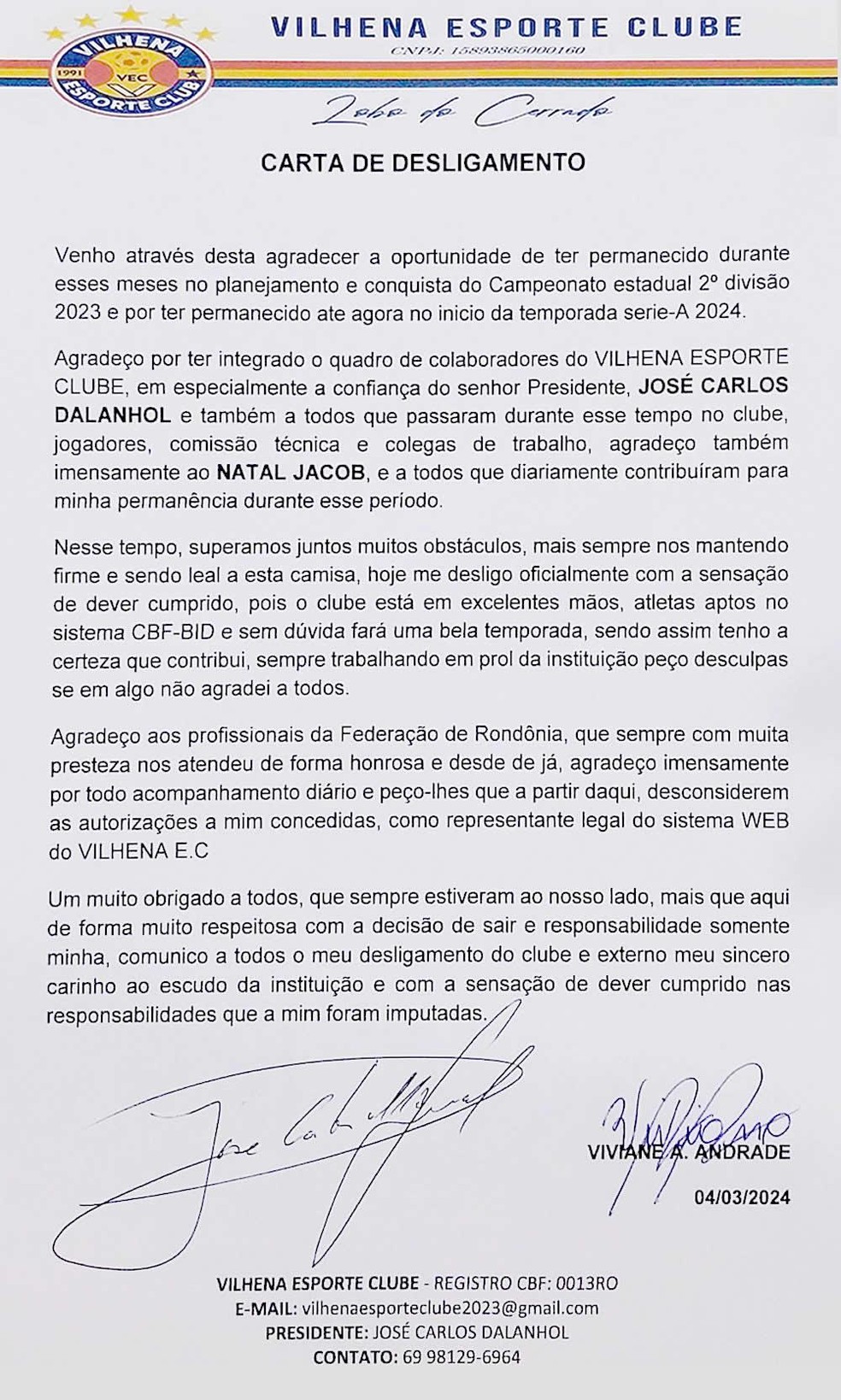 Supervisora do VEC deixa o clube e emite carta de desligamento — Foto: Divulgação