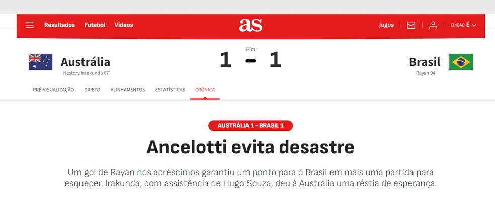 Imprensa espanhola reage ao desempenho do Brasil diante da Austrália — Foto: Reprodução/As