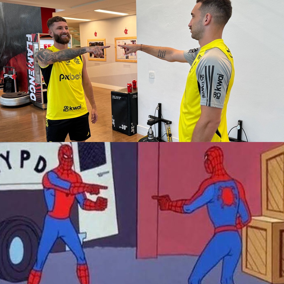 Léo Pereira e Léo Ortiz imitam meme do Homem Aranha no Flamengo — Foto: Divulgação / Flamengo
