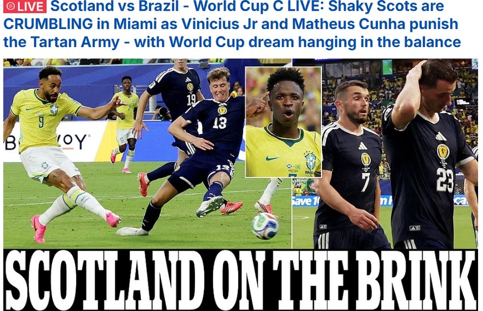 Daily Mail, da Inglaterra, repercute vitória do Brasil e atuações de Vini Jr e Matheus Cunha — Foto: Reprodução