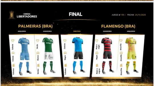 Conmebol define uniformes de Palmeiras e Flamengo para a final da Libertadores Conmebol define uniformes de Palmeiras e Flamengo para a final da Libertadores