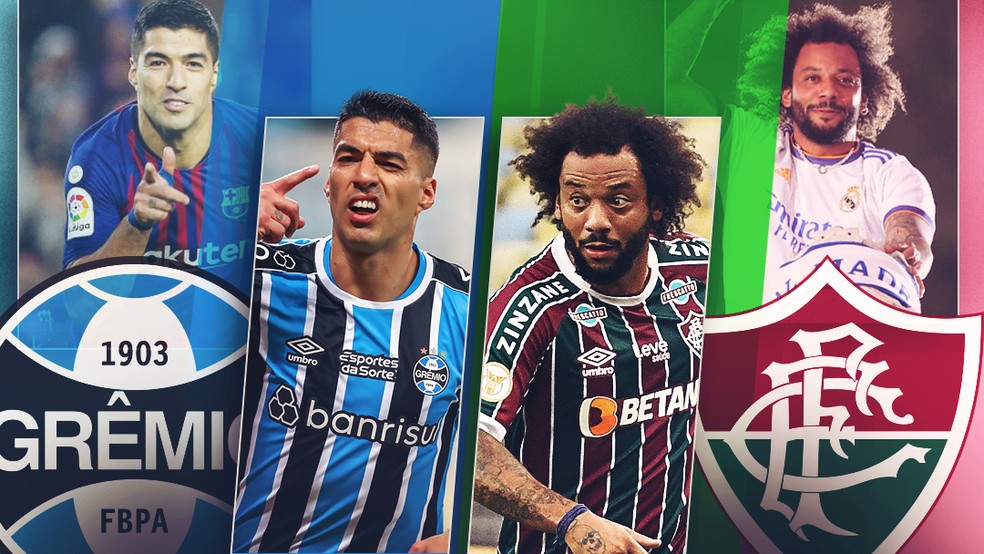 Luis Suárez, do Grêmio, e Marcelo, do Fluminense, se enfrentaram em Barcelona x Real Madrid — Foto: Arte/ge