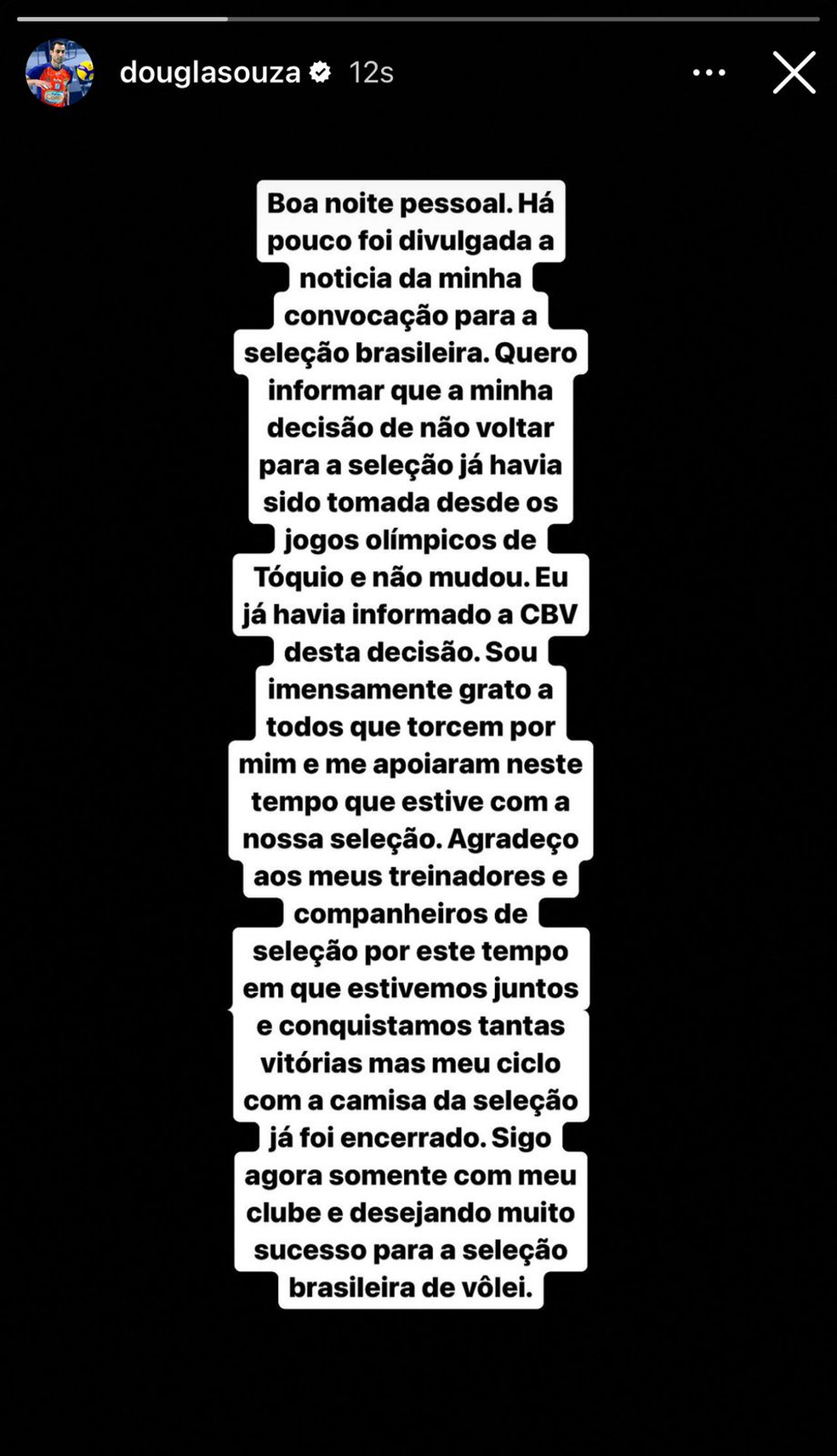 Postagem de Douglas Souza sobre convocação — Foto: Reprodução/Instagram