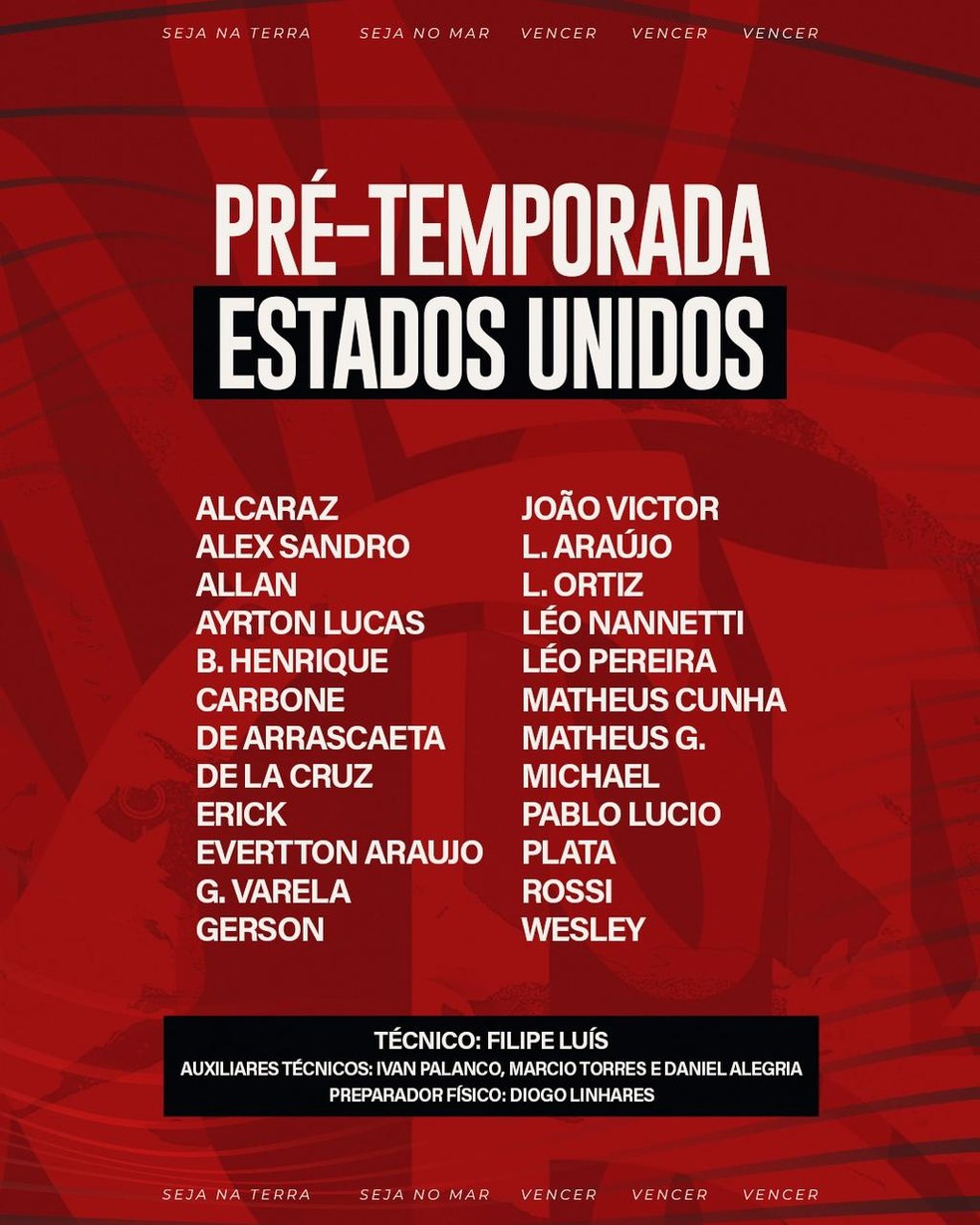 Jogadores do Flamengo relacionados para a pré-temporada dos Estados Unidos — Foto: Divulgação / Flamengo