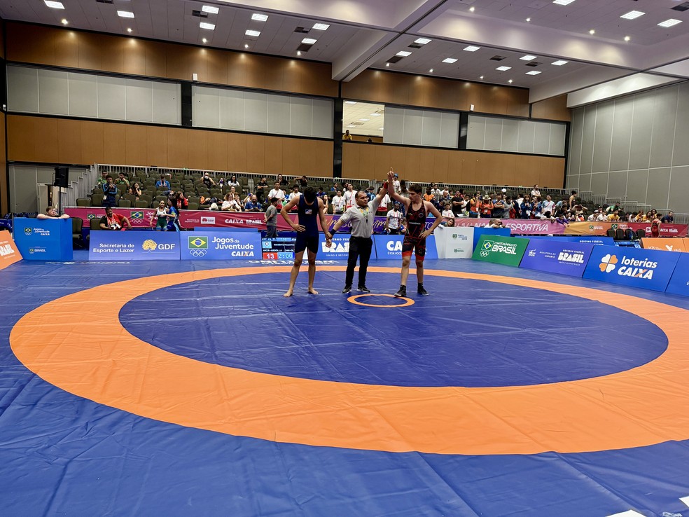 Os irmãos Mahdi Rabibi, de 14 anos, e Amir Abdollahzadeh, de 16, conquistaram medalhas de bronze na modalidade wrestling, em Brasília. — Foto: Reprodução/SEDUC