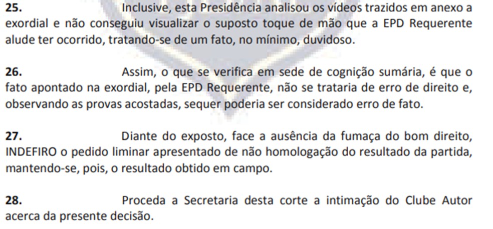 Decisão do TJD-AL sobre pedido do ASA — Foto: Reprodução TJD-AL