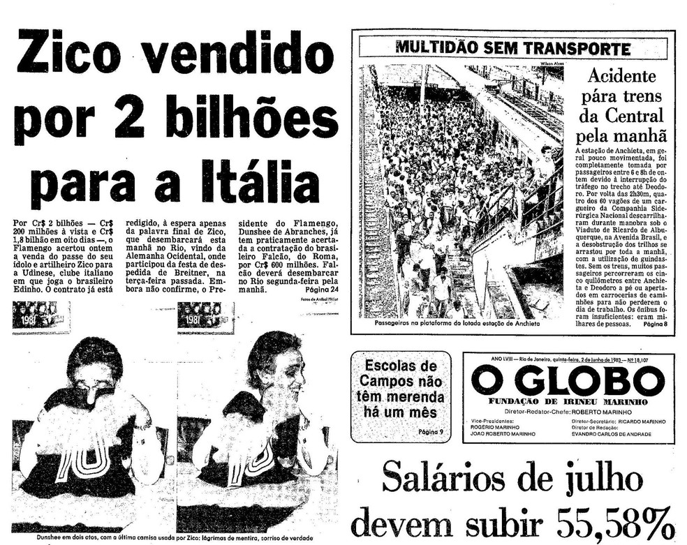 Capa do jornal O Globo no dia da venda de Zico — Foto: Acervo O Globo