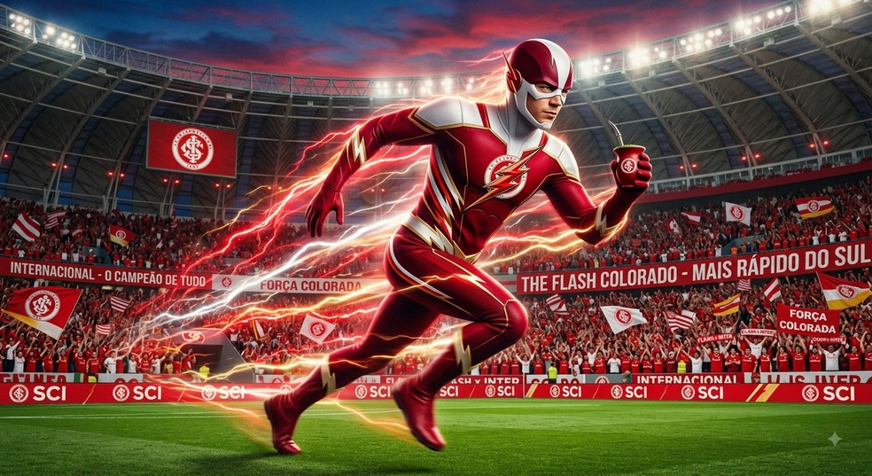 Personagem The Flash associado ao Internacional em montagem feita por IA — Foto: Montagem feita por IA