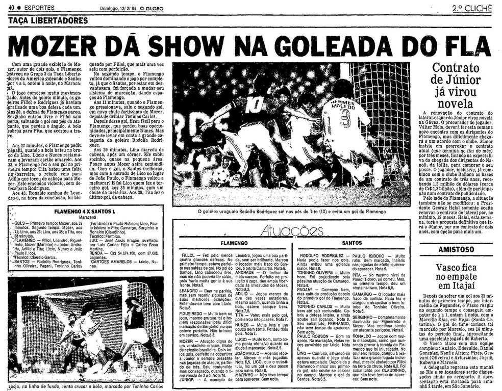 Flamengo 4 x 1 Santos na estreia na Libertadores de 1984 — Foto: Reprodução / O Globo