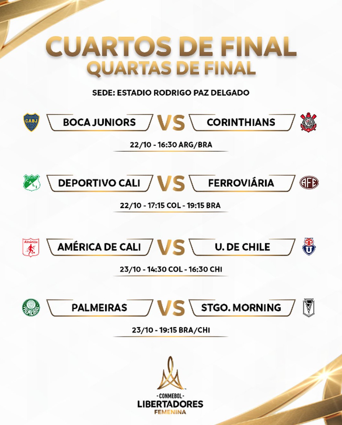 Libertadores Feminina veja datas e horários de Palmeiras, Corinthians e Ferroviária nas quartas