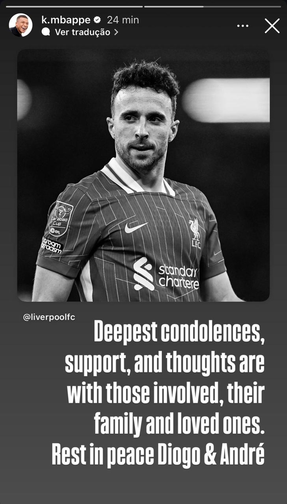 Mbappé presta condolências pela morte de Diogo Jota — Foto: Reprodução / @k.mbappe