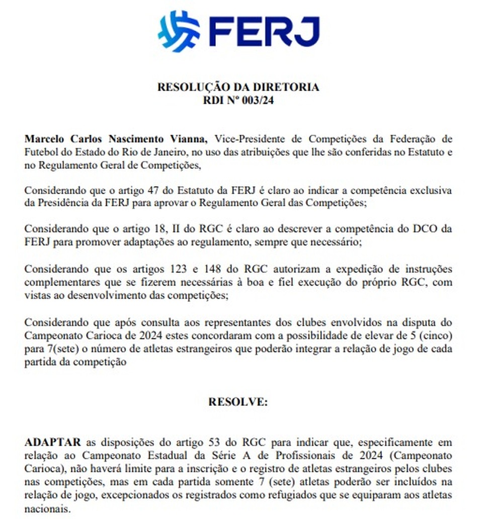 FERJ altera limite de estrangeiros do Carioca — Foto: Reprodução