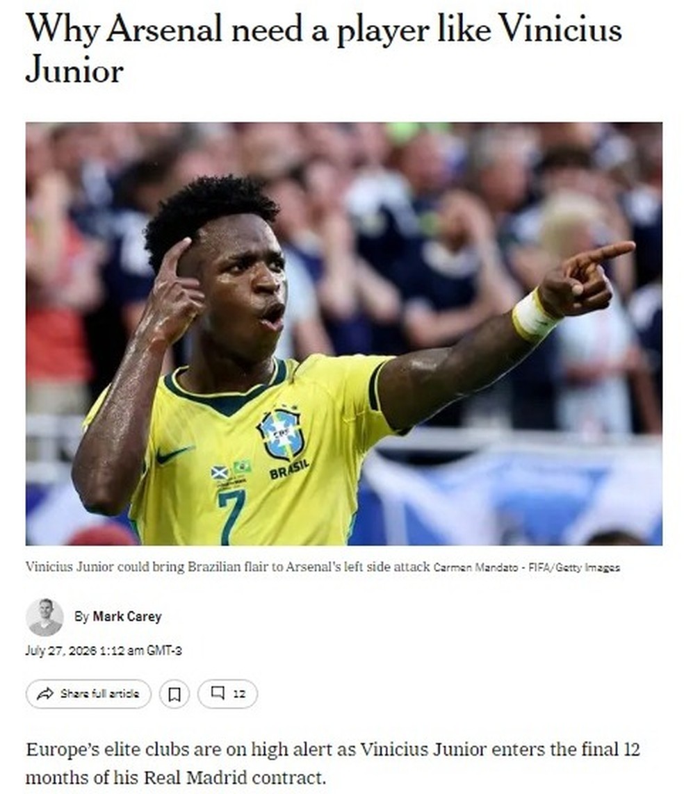 Entenda por que Arsenal quer contratar Vini Jr. — Foto: Reprodução