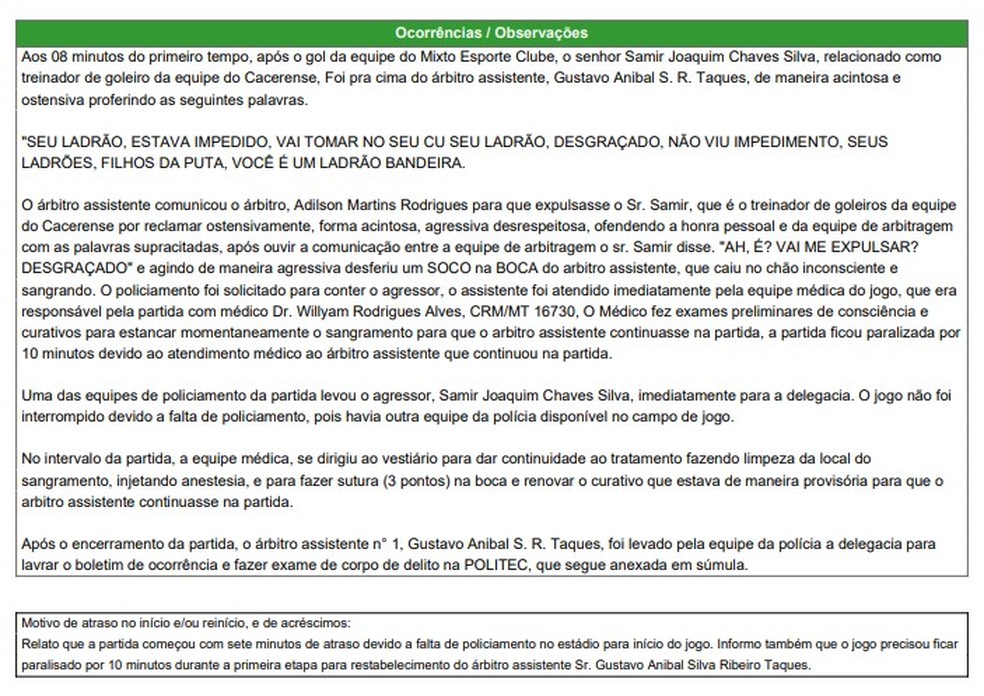 Relato da súmula do jogo entre Cacerense x Mixto pelo Mato-grossense Feminino — Foto: Reprodução