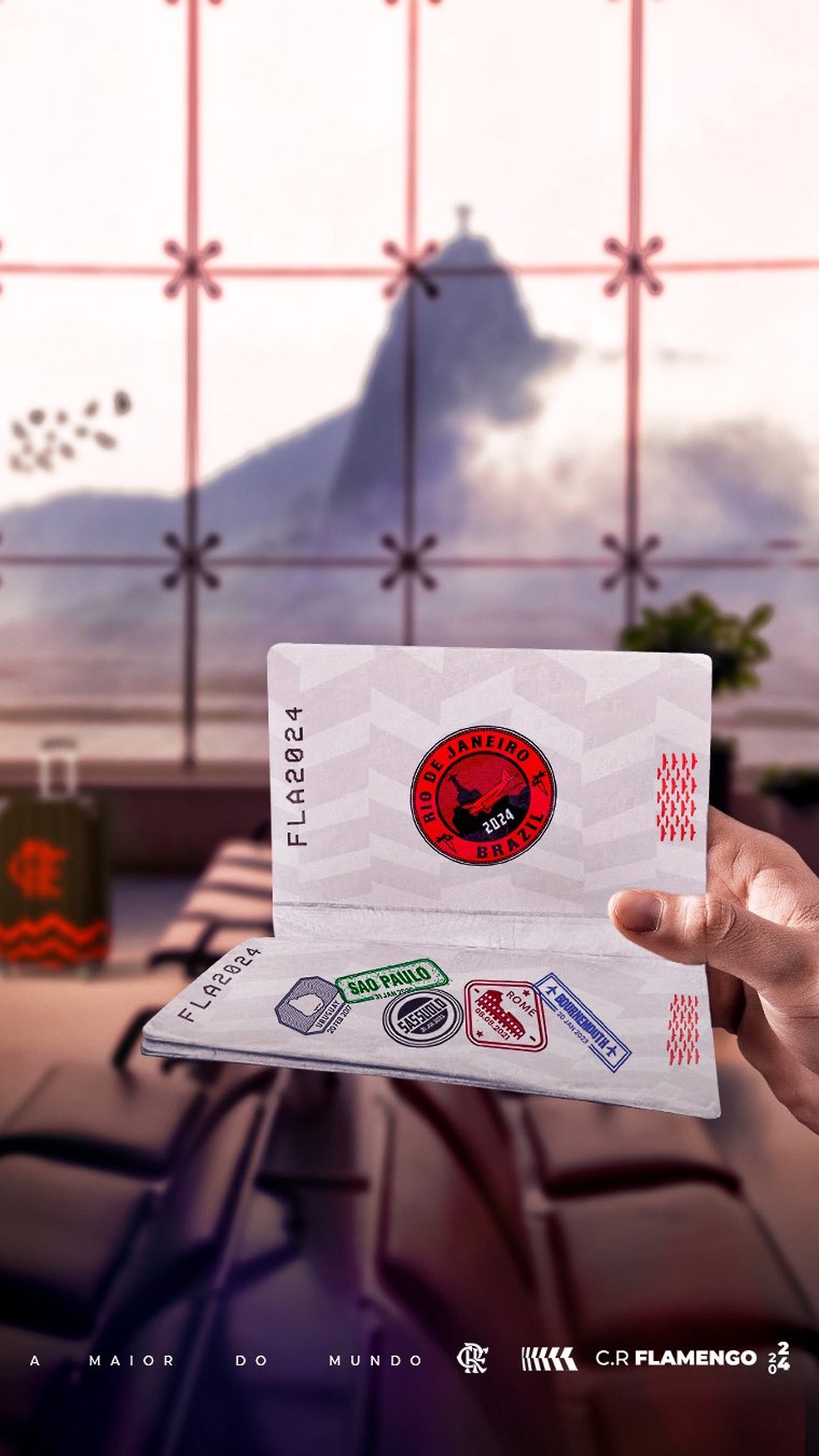 Flamengo fez uma brincadeira com um passaporte posicionado em frente ao Cristo Redentor — Foto: Divulgação/Flamengo