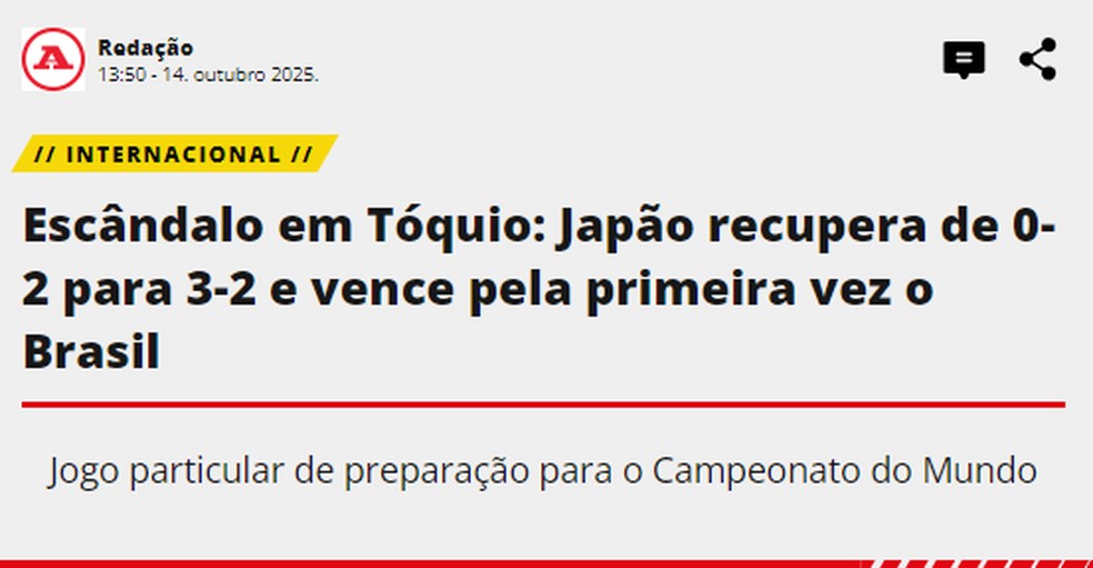 Jornal português "A Bola" repercute derrota da seleção para o Japão — Foto: Reprodução