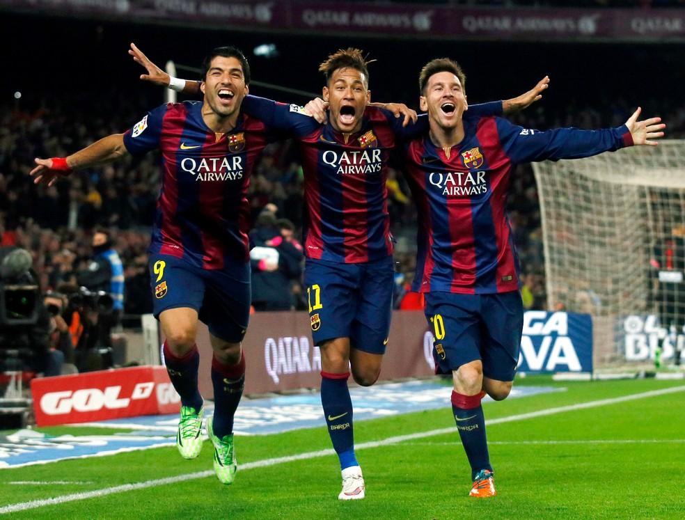 Trio MSN Messi Suárez Neymar pelo Barcelona em 2015 — Foto: Getty Images