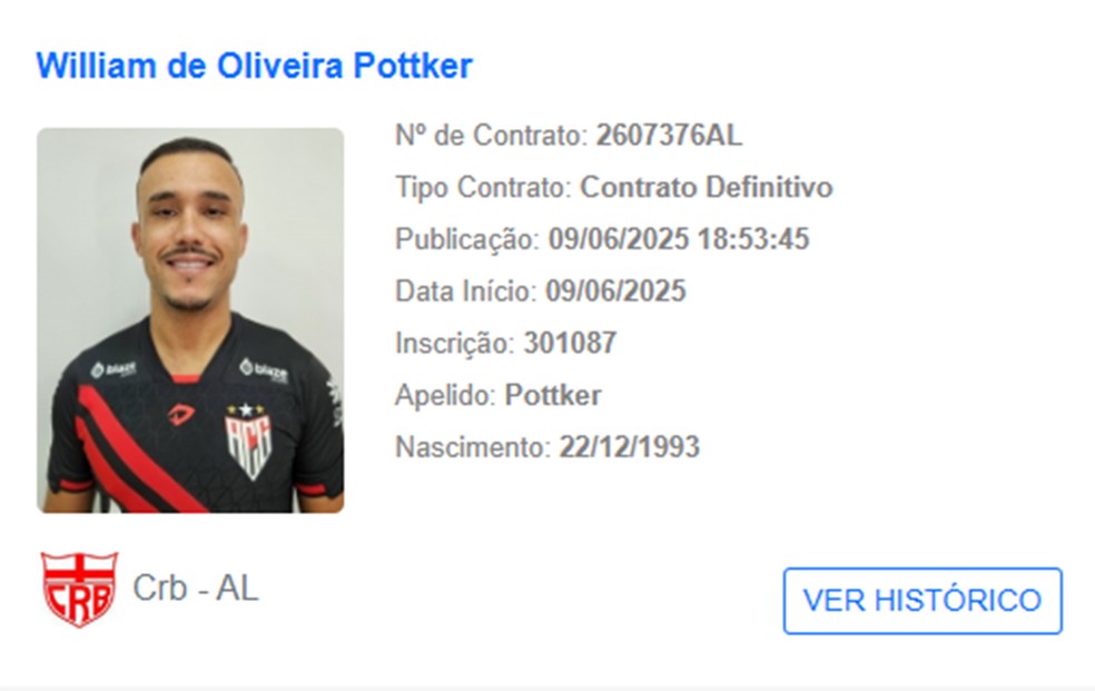 William Pottker está regularizado na CBF e pode estrear pelo CRB — Foto: Reprodução CBF