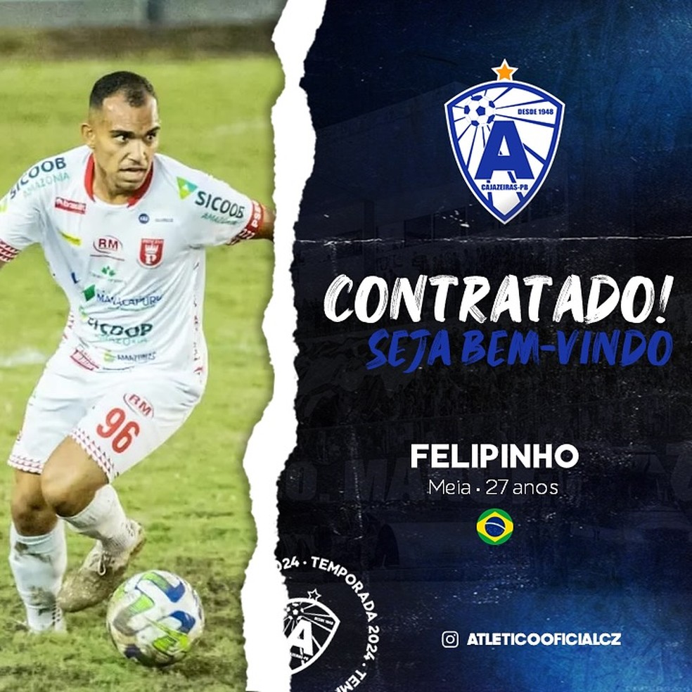 Meia Felipinho é o novo reforço do Atlético de Cajazeiras — Foto: Divulgação / Atlético-PB