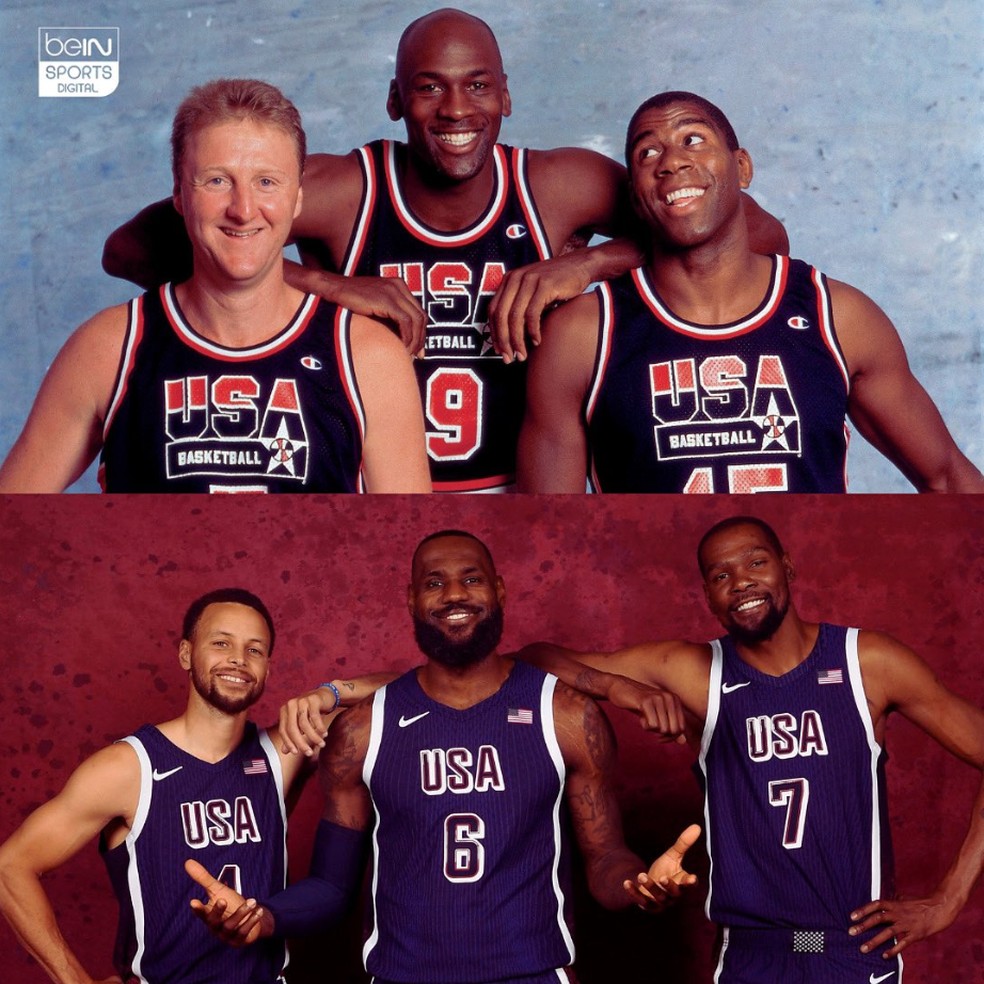 Lebron, Curry e Durant recriam foto icônica de Jordan, Magic Johnson e Larry Bird — Foto: Reprodução/ X (antigo Twitter)
