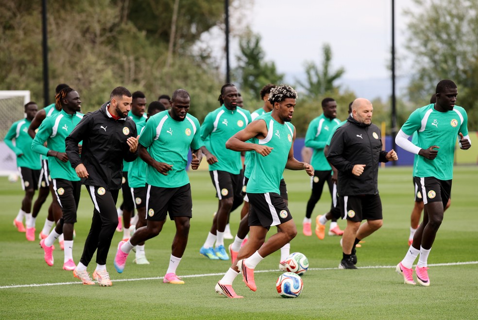 Jogadores de Senegal em treino antes de Senegal x Bélgica