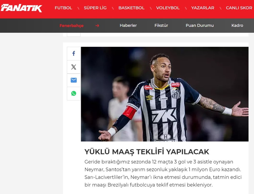 Jornal Fanatik destaca negociações entre Neymar e Fenerbahçe — Foto: Reprodução/Fanatik