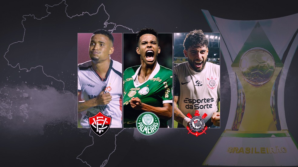 Alerrandro (esquerda), Yuri Alberto (direita) e Estevão brigam pela artilharia do Campeonato Brasileiro — Foto: Arte / ge