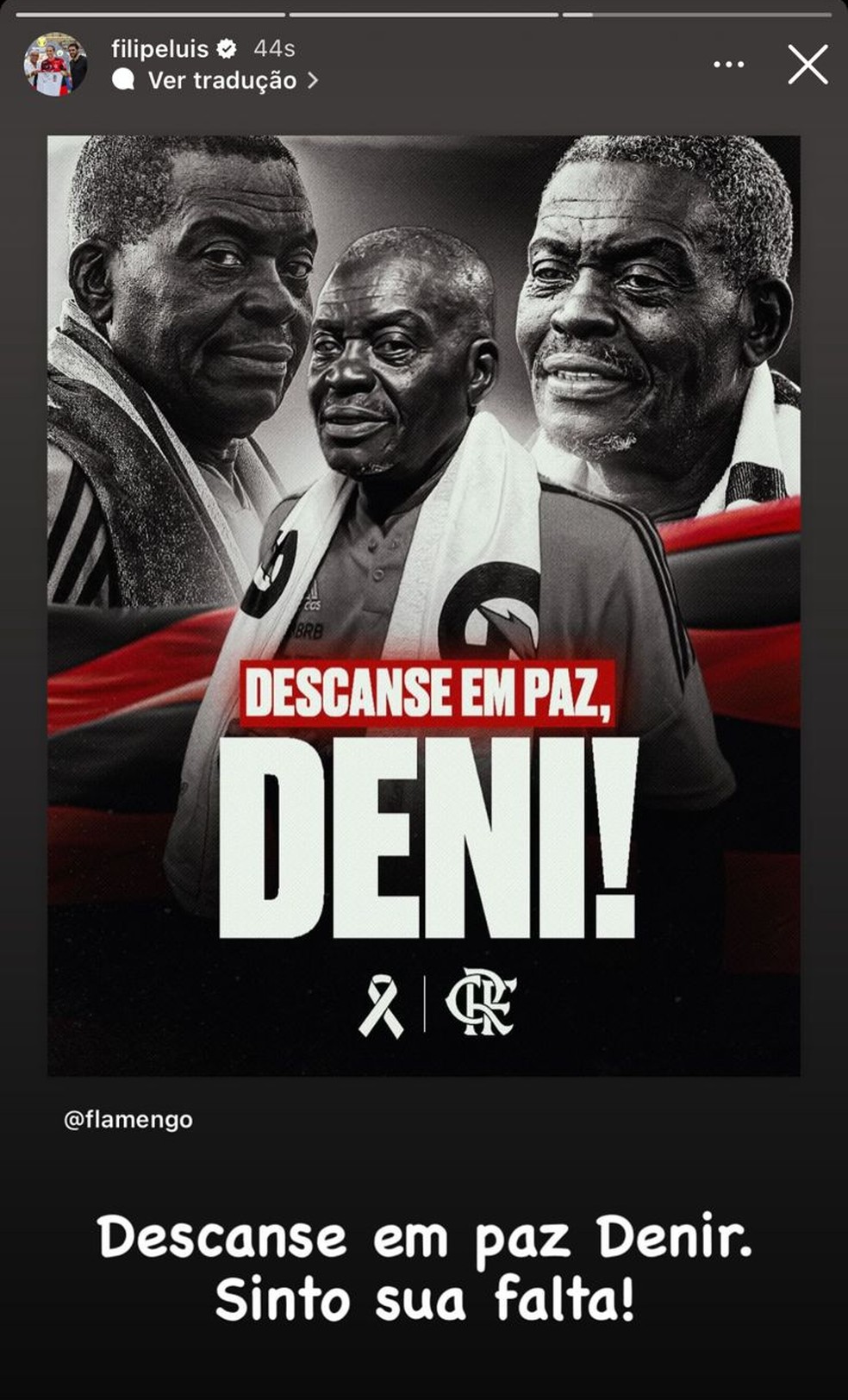 Aposentado, Filipe Luís diz que sente falta de Denir — Foto: Reprodução