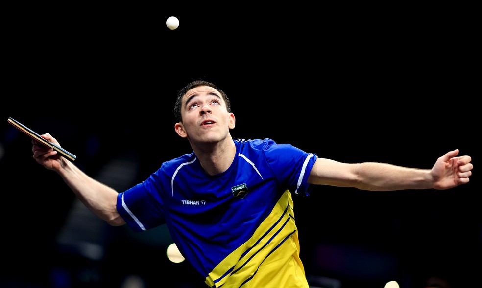Hugo Calderano na estreia no tênis de mesa das Olimpíadas de Paris — Foto: Buda Mendes/Getty Images