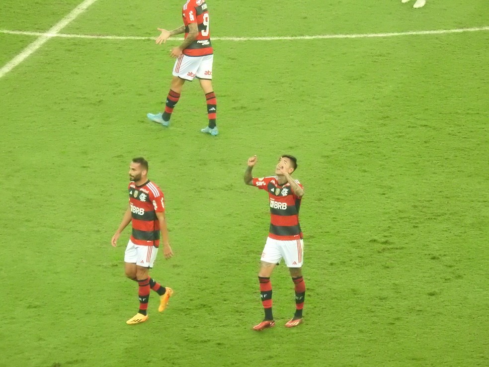Pulgar comemora gol pelo Flamengo contra o Vasco &mdash; Foto: Fred Gomes / ge