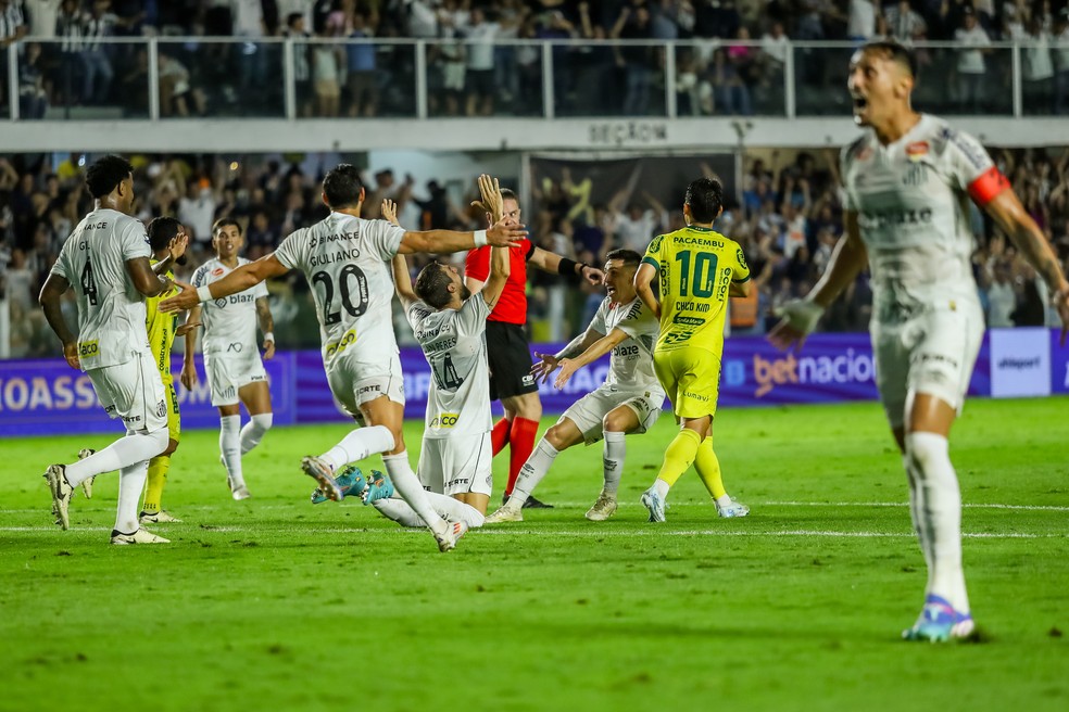 Luan Peres comemora gol do Santos contra o Mirassol — Foto: Marco Miatelo/AGIF