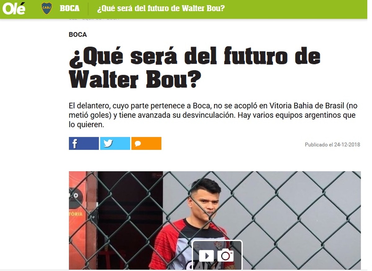 Jornal aponta interesse de clubes argentinos em Bou; Vitória não deve dificultar transferência