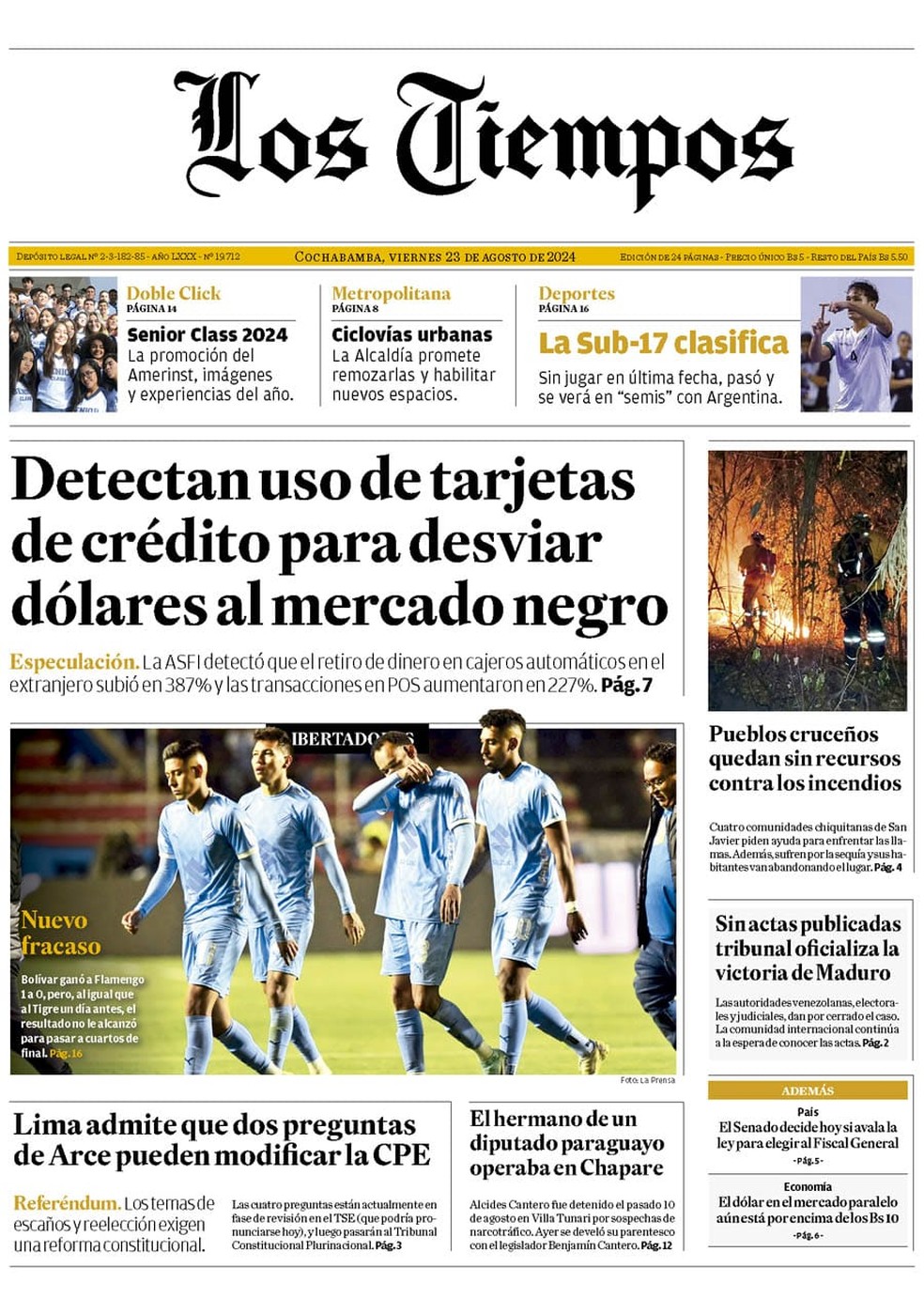 Jornal da Bolívia repercute eliminação do Bolívar na Libertadores — Foto: Reprodução