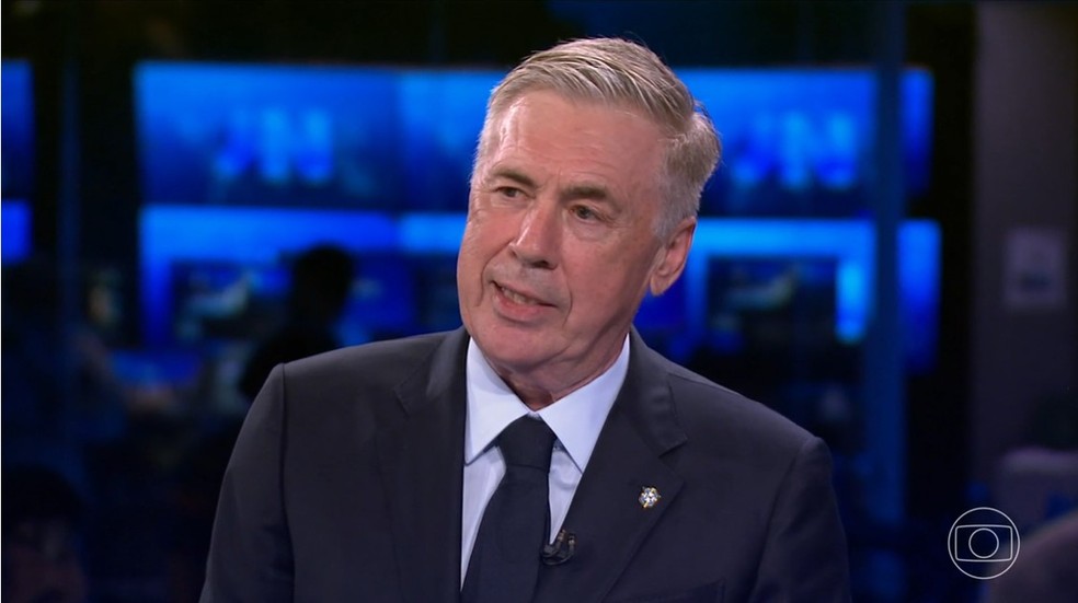 Carlo Ancelotti concedeu entrevista exclusiva ao Jornal Nacional nesta segunda-feira — Foto: Reprodução / TV Globo